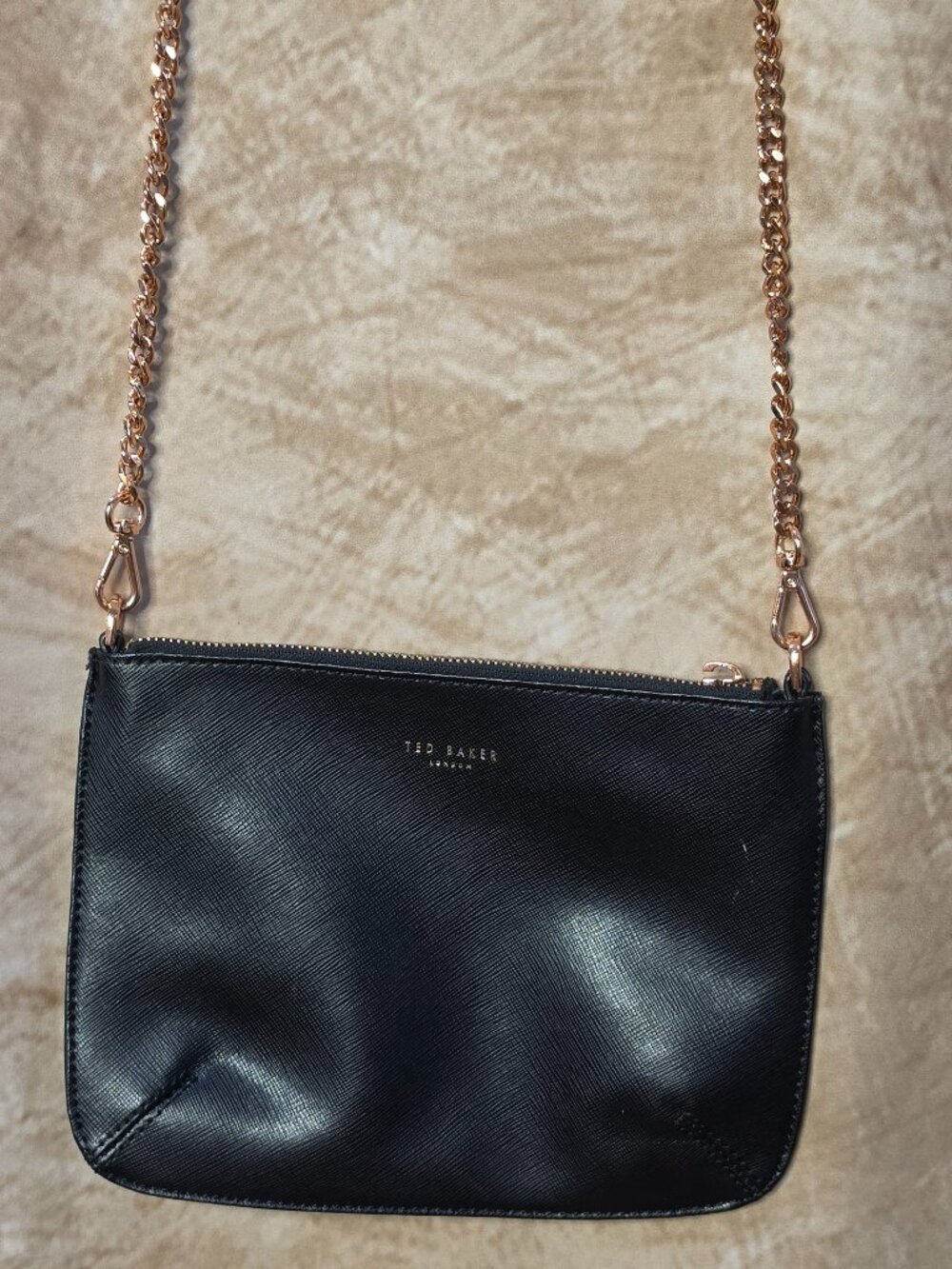 Ted Baker London Leather Black Crossbody Pouch – Gold Chain Strap Minimalist Bag